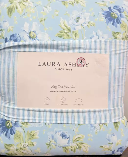 Laura Ashley King Comforter Set, Peony Garden Light Blue & Green 100% Cotton 2