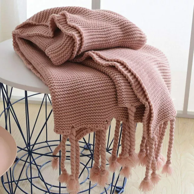 Blush Tassel Fringe Knitting Throw Rug Bed Sofa Couch Classic Blanket  130x170cm