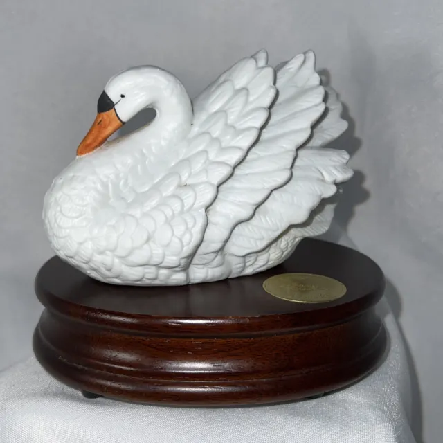 Collectible Royal Heritage Porcelain Swan Figure on Musical Heritage House Base