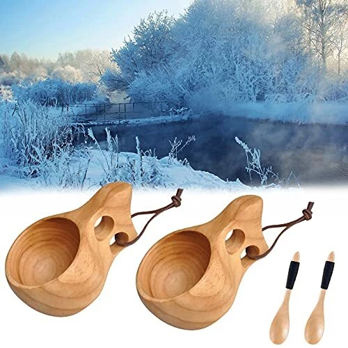 CHAOMIC 2Pcs Nordic Style Handmade Kuksa Wooden CupPortable Outdoor Wood Camp...