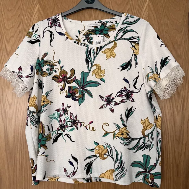 M&S Classic Floral Top UK 20 BNWT Ivory Multicoloured Short Sleeves Lace Trim