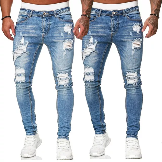 Mens Skinny Ripped Jeans Stretch Denim Distressed Blue Slim Fit Pants Trousers