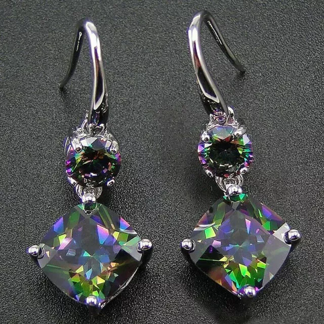 Elegant Handmade Rainbow Mystical Fire Topaz 925 Sterling Silver Hook Earrings