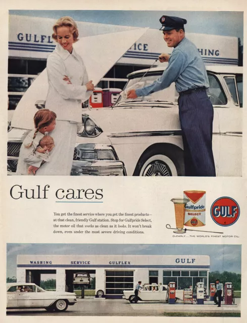 1959 Gulf Oil: Gulf Care Finest Service Station Vintage Print Ad