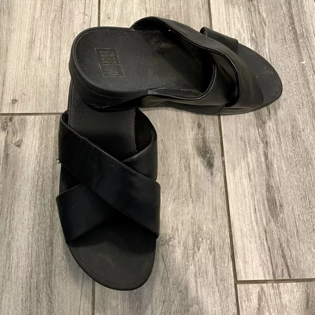 Fitflop Kys Leather Platform Sandals Criss Cross Straps Slip On Wedges Black 8