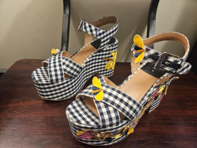 Laurence Dacade Helissa Gingham Embroidered Platform Wedge Sandals Shoes Size 6 2