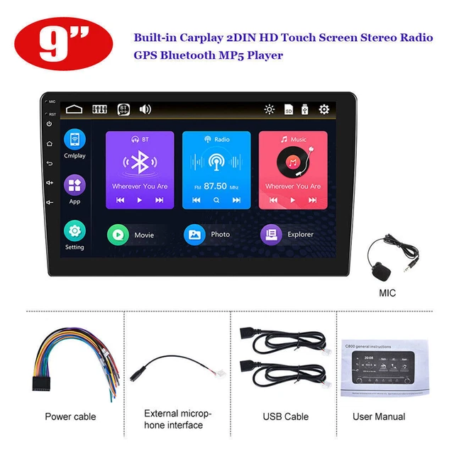 2DIN 9 inch Carplay Stereo FM Radio GPS Navigation Bluetooth MP5 For Android/IOS