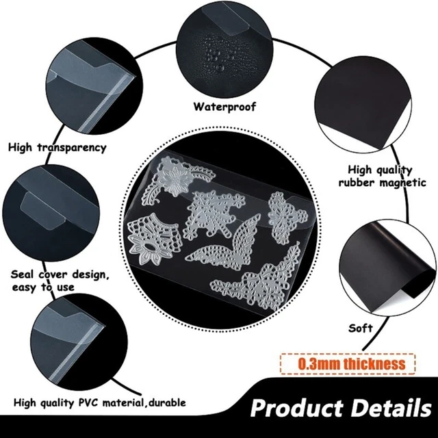 10Pcs Magnetic Sheets 0.5mm Thickness with 10 Clear Stamp Die Storage Pockets 3