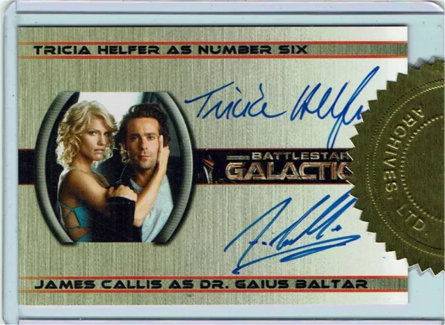 Battlestar Galactica Staffel 1 doppelte Autogrammkarte Tricia Helfer & James Callis