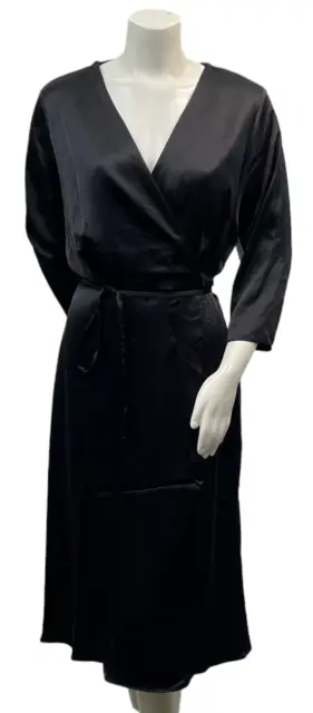 Alfani Wrap Dress Womens size 14 Black Satin 3/4 Sleeve Stretch Vneck New