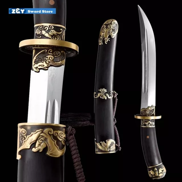 Exquisite Small QingDao Folded Steel Chinese Short Sword Dagger Brass Bats-Q8117