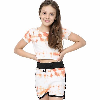 Kids Tie Dye Orange Crop Top & Shorts Set Active Wear Summer Girls Boys Age 5-13
