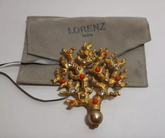 Grande Rarissima Spilla Vintage LORENZ PARIS Dorata Forma Corallo cm9 con Bag