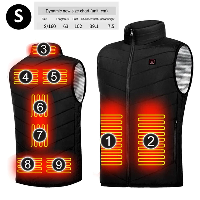 Men USB Electric Heated Vest Jacket 9 Zone Warm Up Heating Pad Cloth Body Warmer