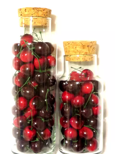 Faux Food Cherries 111 In 2 Decorative Glass Jars W/  Corks For Display preowned