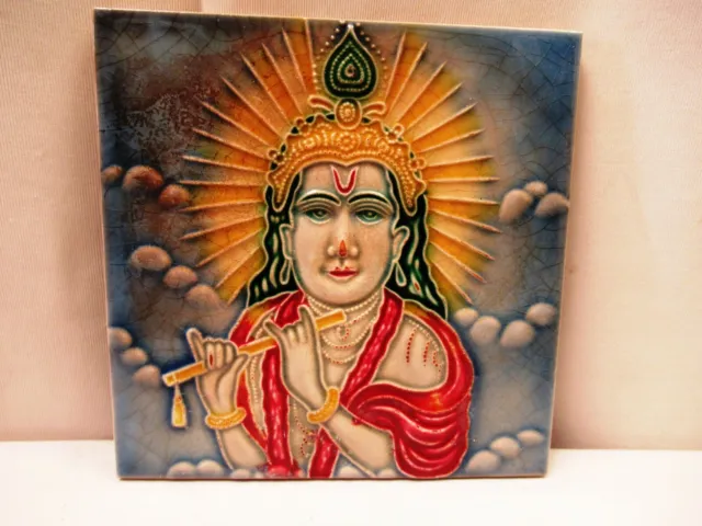 Antique Tile Lord Krishna Flute Music Hindu Mythology Art Nouveau Majolica "706 3