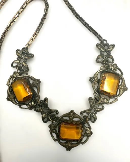 Vintage Czech Marigold Yellow Amber Glass Nouveau Deco Filigree Brass Necklace