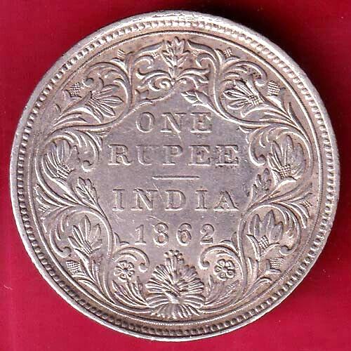 British India (0/4 Dot) 1862 Victoria Queen One Rupee Beautiful Silver Coin #V10
