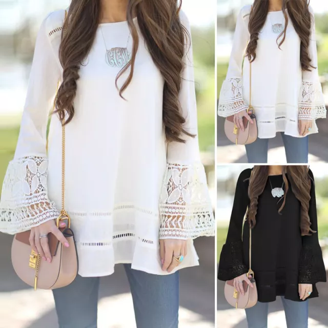 UK 8-24 Women Long Sleeve Lace Patchwork Blouse Shirt Casual Loose Tops Shirts