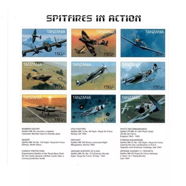 WW2 RAF fighter military aircraft Spitfires in Action mnh min sheet