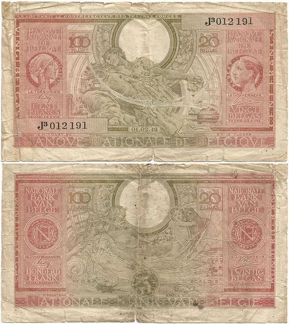 1943 WORLD WAR II Belgium KINGDOM IN EXILE London "100 Francs or 20 Belgas" NOTE