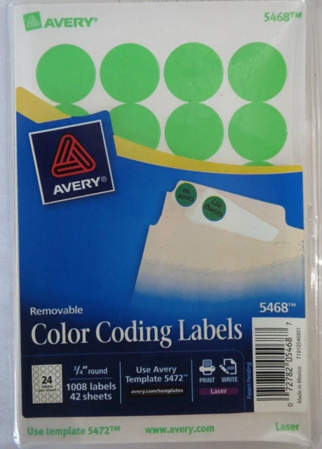New AVERY 5468 Laser/Inkjet Color Coding Label 3/4" H 3/4" W Pack Of 42 Sheets