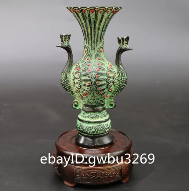 collection decoration Chinese bronze Handwork carved Ancient Peacock Vase 21725