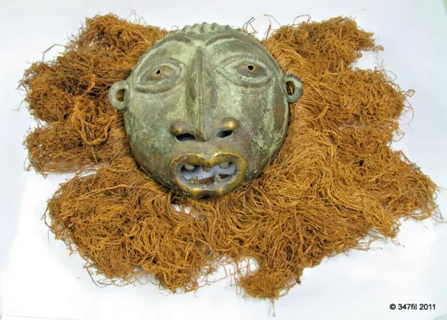 Bamun Tribal Art African Bronze Ceremonial Mask wt Raffia Fiber Benin E. 20 cent