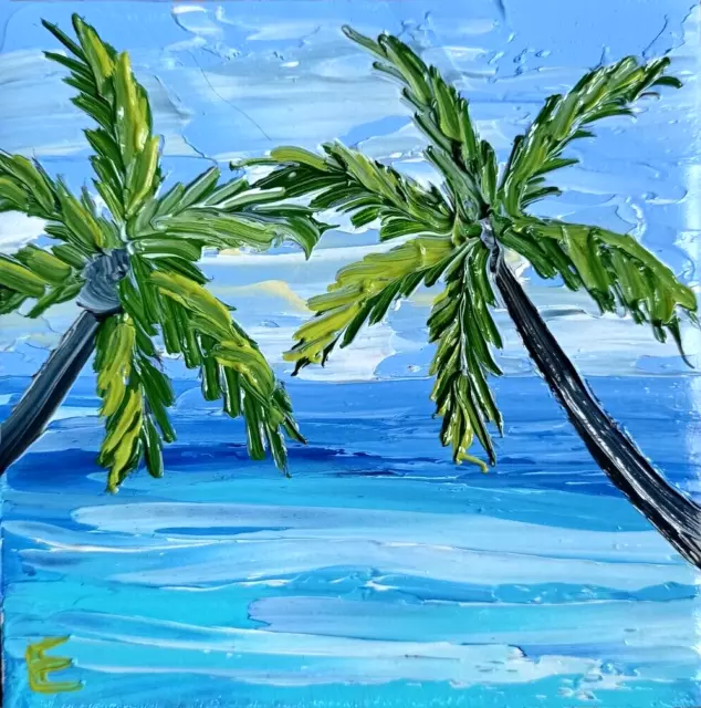 Paisaje marino Palmeras Pintura Arte Original Ocean Sky Obra de Arte...