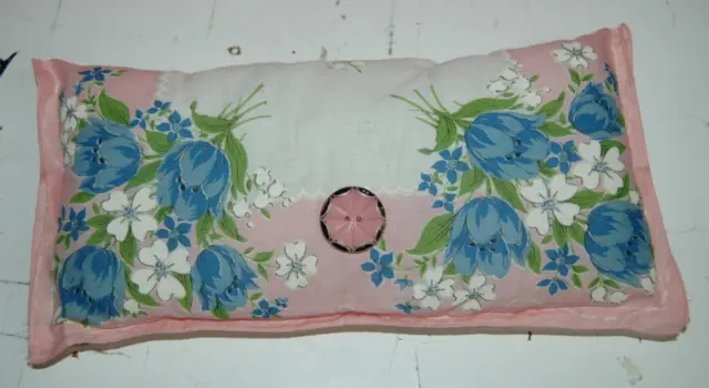 Vintage Handmade Decorative Throw Pillow Handkerchief 11x6 Floral Button Accent