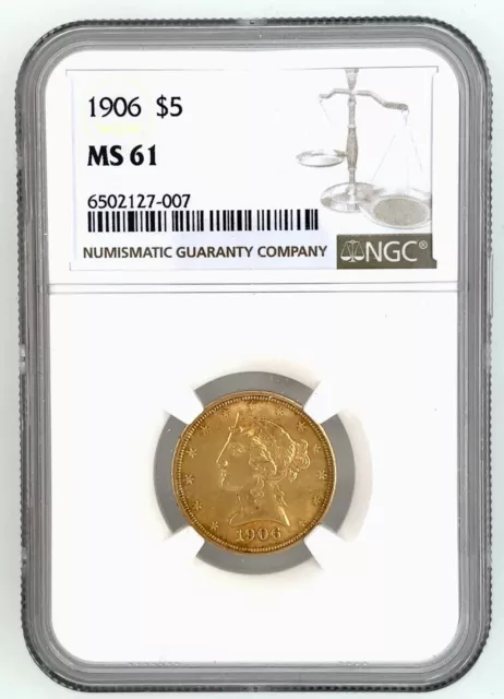 NGC MS 61 1906 $5 Liberty Head Half Eagle Reverse US Type Gold Coin  PRE-1933