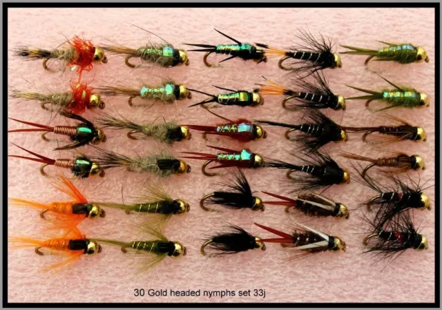 30 x Gold Headed Nymphs Trout Fly Fishing Flies - Set 33J Size 8 10 12 14 16 18