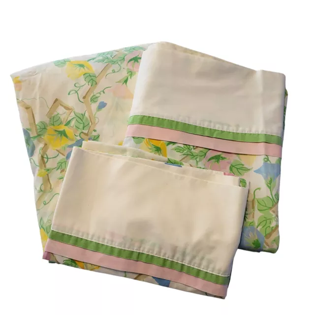 Vintage Utica Twin Bed Sheet Set Flat Fitted Pillowcase Morning Glories