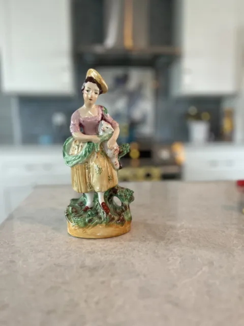 Vintage English Staffordshire Lady with Lamb Figurine ~ Antique