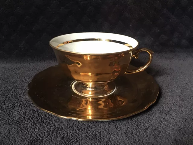 Vintage JKW Bavaria Decor Carlsbad Gold Ground Porcelain Tea Cup And Saucer