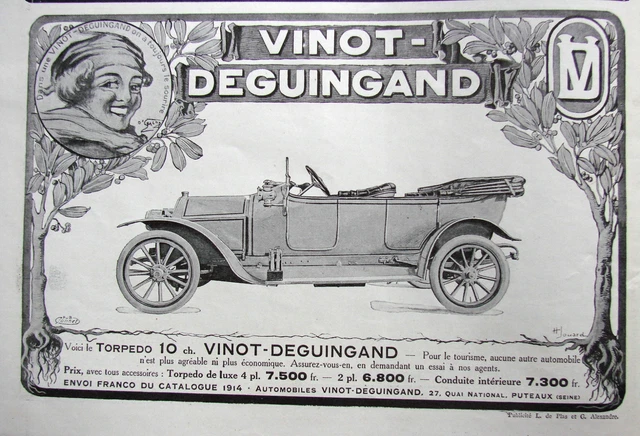 Publicité De Presse 1914 Voitures Vinot Deguingand Torpedo 10 Hp 4 Cyl - Galop