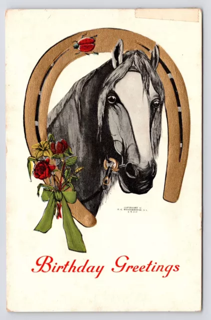 c1907~Horse & Horseshoe Portrait~H.C. Westerhouse~Birthday Greeting~Art Postcard