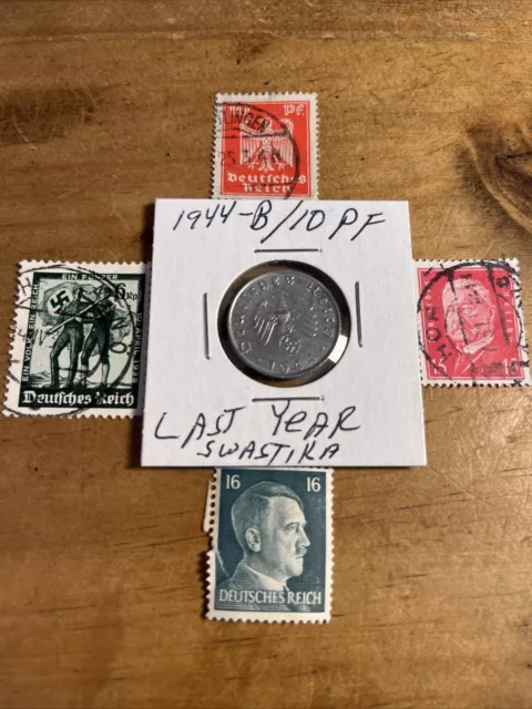 WW2 German Nazi 1944-B 10 Pfennig Nazi Coin And Stamps Swastika  L