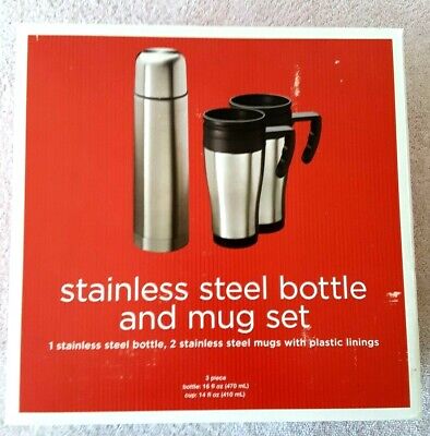 NIB ~ NEW ~ Set of 3 Stainless Steel Thermos & 2 Double Wall Travel Mug Set
