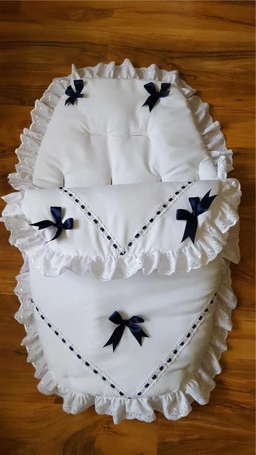 Baby's Cosy Toes / Footmuff 3-in-1 in WHITE with NAVY  AND LARGE NAVY  BOWS