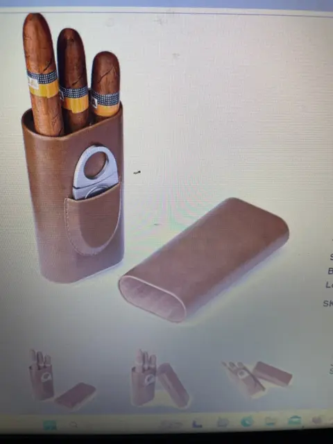 3 Finger Brown Leather Humidor Handmade  Cedar Wood Lined  Cigar Box + Cutter