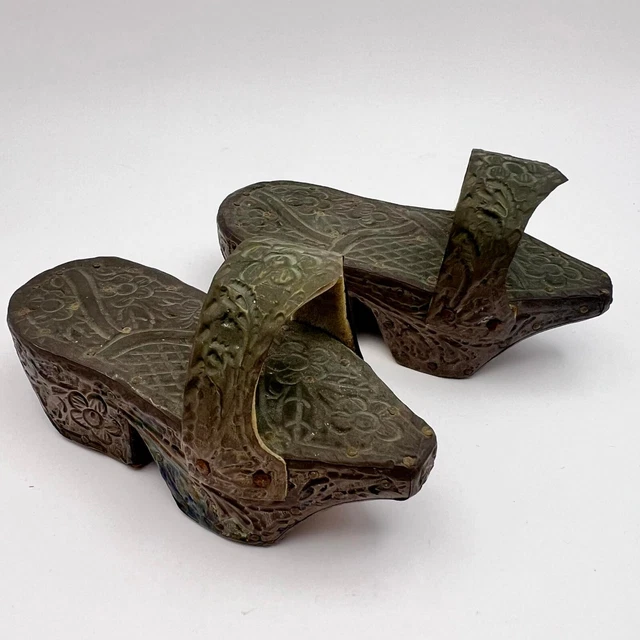 Vintage Hand Carved Wood & Brass Souvenir Sandals Lotus Shoes Japan China Gift