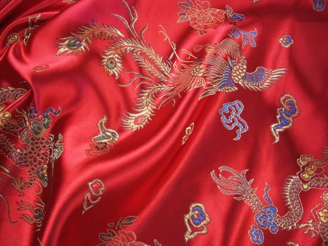 Chinese Fabric Dragon Brocade Silky Material Satin Oriental Embroidered 45 inch