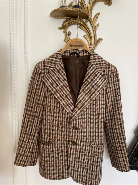Giacca vintage in lana a scacchi per ragazzi anni '70 di Beau Brummel 27"" petto