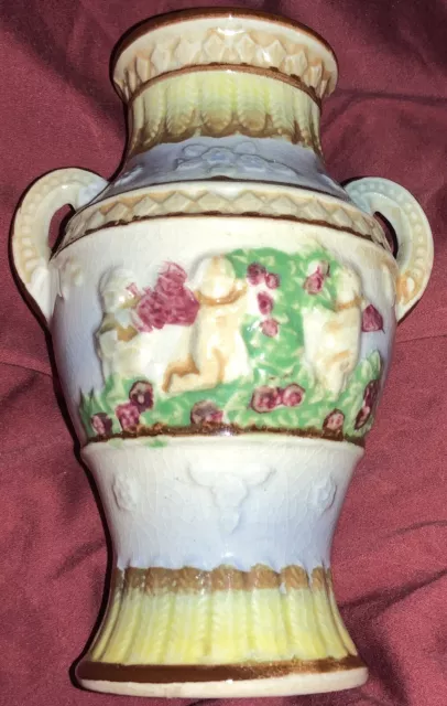 Vintage JAPAN Majolica Pottery Miniature Vase 3-D Design Double Handles 6” tall