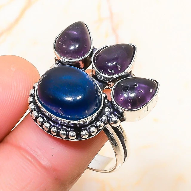 London Blue Topaz, Amethyst Gemstone Handmade Gift Jewelry Ring Size 9.5 c764