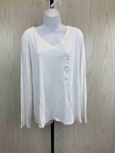 Liz Claiborne V-Neck Long Sleeve T-Shirt, Women's Size XXL, White NEW MSRP $21