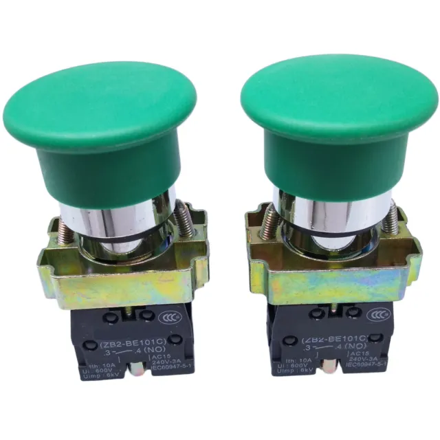 US Stock 2pcs XB2-BC31C NO Momentary Mushroom Head Push Button Switch Green