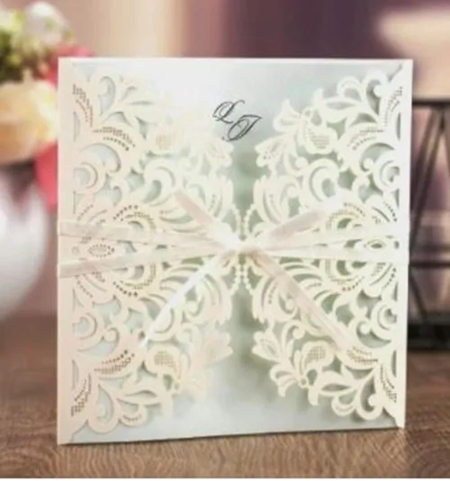 10x Elegant Wedding Invitation Card w/ Envelop - White & Light Green Laser Cut
