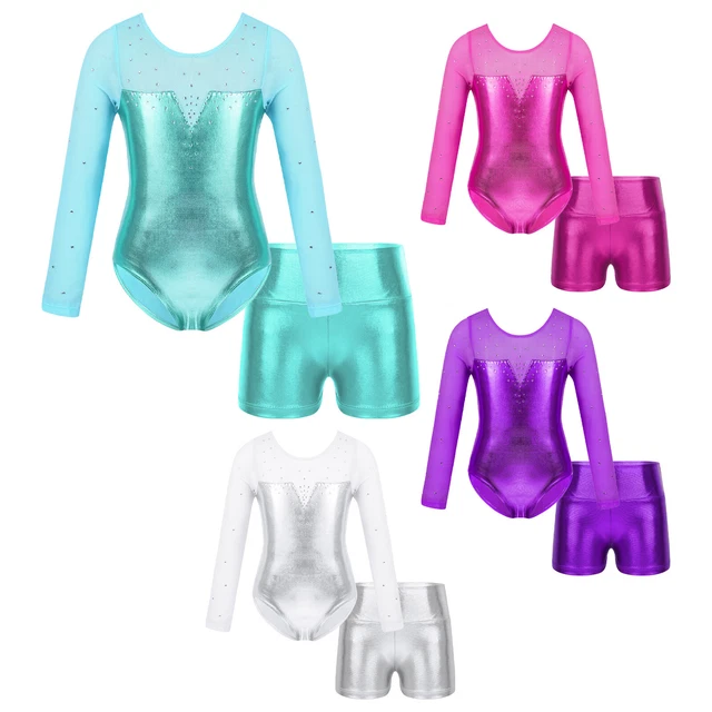 Set pantaloncini metallici in rete body da ginnastica lucida per bambine